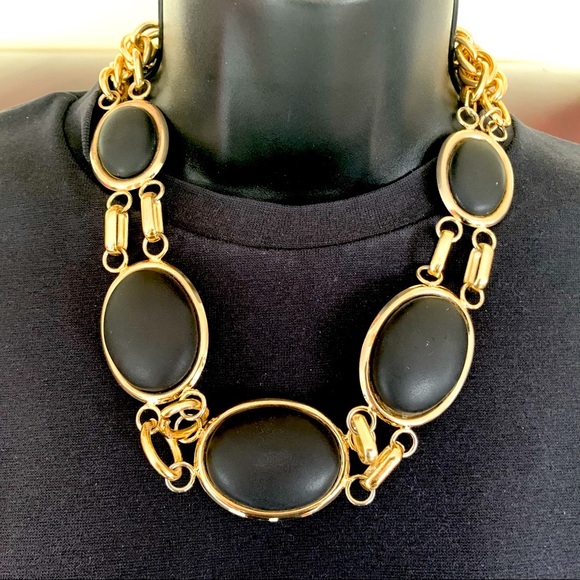Choker style necklace gold tone metal chain & large black domed beadings - Picture 3 of 3